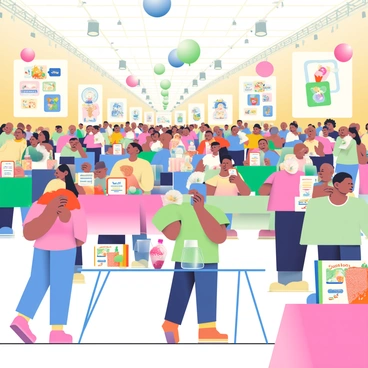 A large, brightly decorated venue is filled with excited guests admiring a new line of illustrated merchandise. Balloons in various colors float above the crowd, and large banners displaying the products hang on the walls. Tables are arranged throughout the space, each covered with colorful tablecloths featuring sample items from the product line, including illustrated notebooks and themed mugs. Guests are engaged in conversation, some holding promotional materials and others taking photos of the merchandise. A display table at the center showcases the main products with spotlights highlighting their unique designs. Refreshments are set on a side table, including finger foods and colorful drinks in clear cups. The atmosphere is lively, with a sense of anticipation and excitement in the air.