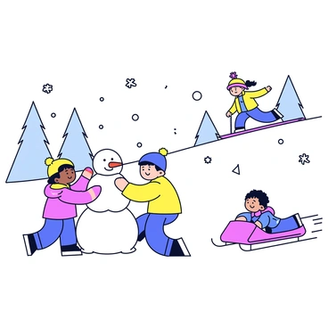 A group of three kids wearing colorful winter jackets and hats is building a snowman. The snowman has a carrot nose and two coal eyes. Nearby, another child is sledding down a snowy hill on a bright red sled. The hill is covered in fresh, white snow, and there are snowflakes gently falling from the sky. In the background, snow-covered trees create a winter wonderland atmosphere.