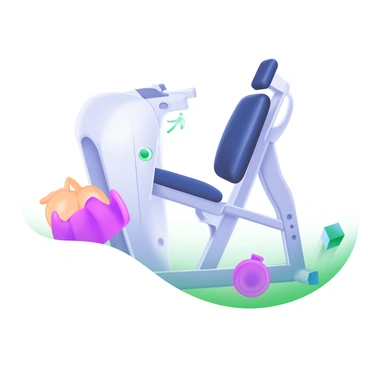 A minimalist illustration featuring a "modern leg curl machine" with a sleek design. The machine is predominantly colored in shades of gray and white, showcasing its smooth contours and streamlined form. The seat and leg pad are upholstered in a soft black material, while the machine's frame has a polished finish that reflects light. Surrounding the machine are subtle graphic elements like weights and fitness icons, emphasizing its fitness context. The background is kept simple to draw attention to the leg curl machine itself.