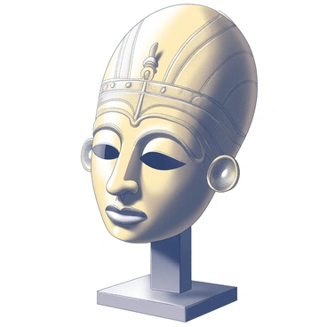 A ceremonial mask with intricate designs, primarily featuring a detailed face with exaggerated features and ornate patterns. The mask is crafted from a shiny material that reflects light, giving it a golden appearance. It is mounted on a pedestal that is simple yet sturdy, allowing the mask to be the focal point of the display. The background is minimal, ensuring that the viewer's attention is drawn entirely to the mask's elaborate craftsmanship. The atmosphere suggests a sense of history and reverence, emphasizing the mask's significance in Carthaginian rituals.