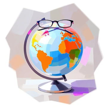 A detailed globe showcasing the continents and oceans, with vibrant colors highlighting different regions. Perched on top of the globe is a pair of classic reading glasses with a black frame, resting gently at an angle. The globe is mounted on a silver stand, and the background features a soft gradient that complements the colors of the globe. The glasses catch a subtle glint of light, emphasizing their presence on the globe.