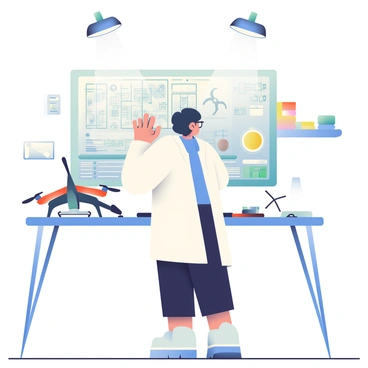 An engineer with short black hair and wearing glasses is standing in a high-tech lab, focused on designing a new model of a drone. She is wearing a white lab coat over a blue shirt and black pants. In front of her, there is a large screen displaying various technical schematics and diagrams of the drone. The drone itself is partially assembled on a workbench, featuring sleek lines and a modern design. Various tools and components are scattered around the workbench, including screws, wires, and circuit boards. Bright, overhead lights illuminate the workspace, highlighting the advanced technology surrounding her.