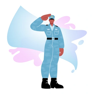 A soldier saluting with their back to the viewer, set against a national flag