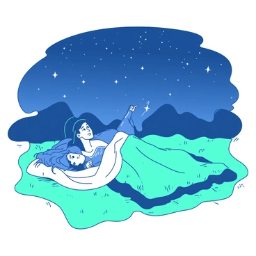 A teal blanket is spread out on the grass under a clear night sky filled with stars. A couple is lying side by side on the blanket, both wrapped in a soft white shawl. The woman has long flowing hair, and her eyes are wide with wonder as she points towards the stars. The man is propped up on one elbow, looking at her with a smile. Above them, the night sky is dotted with various constellations, creating a magical backdrop.