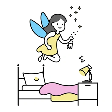 A magical tooth fairy flying over a child's bed, holding a small tooth in a pouch