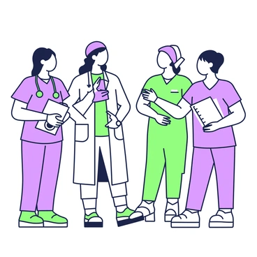A group of nurses from various cultural backgrounds is gathered together in a well-lit hospital setting. Each nurse is wearing scrubs in different styles and colors, representing their unique heritages. One nurse with dark hair is adjusting her stethoscope while smiling. Another nurse, with medium-length hair, is holding a clipboard and looking attentively at a colleague. A third nurse has a headscarf and is engaged in conversation with a fourth nurse who has short hair and is pointing toward a patient chart. The scene captures the diversity and camaraderie among the nurses, emphasizing their collaborative nature in patient care.