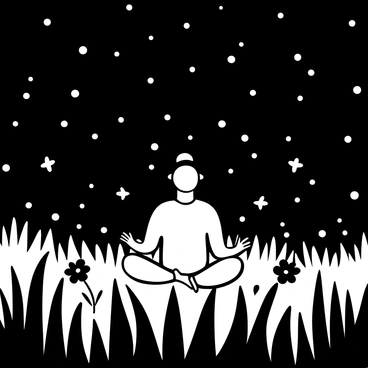 A figure of "Adiyogi" is seated in a meditative pose in the center of a grassy meadow. Surrounding the figure are numerous "gentle fireflies" glowing softly, creating a magical atmosphere. The meadow is filled with tall grass and a few scattered wildflowers. The night sky above is clear, and the stars are visible, adding to the serene ambiance. The overall scene conveys tranquility and peace, with the fireflies providing a delicate illumination around the figure.