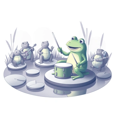 A green frog is seated on a large lilypad, holding drumsticks. The frog is energetically playing a set of small drums positioned on the lilypad. Surrounding the frog, several other lilypads support different members of the band, including a turtle with a guitar and a dragonfly playing a flute. The pond is filled with various plants along the edges, and the water surface reflects the scene. In the background, the silhouettes of trees and reeds frame the concert area, creating an intimate atmosphere for the performance.