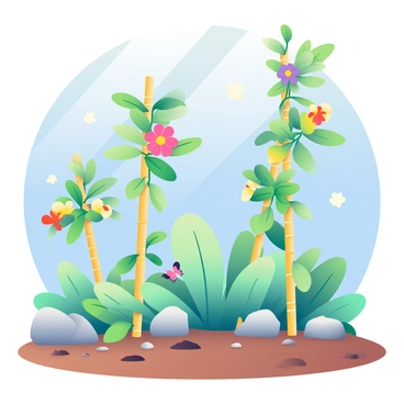 A vibrant garden scene features a variety of plants climbing up tall bamboo stakes. The plants have lush green leaves, some adorned with colorful flowers in shades of yellow, red, and purple. In the background, the sky is clear and bright blue, providing a perfect backdrop to the greenery. Sunlight casts soft shadows on the ground, highlighting the rich soil interspersed with small stones. A few butterflies flutter around, adding a touch of movement to the serene setting.