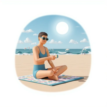 A person, wearing a blue swimsuit and sunglasses, is sitting on a beach towel with colorful patterns. They have a bottle of sunscreen in one hand and are applying it to their arms. The bright sun is shining overhead, casting sharp shadows on the sand. In the background, there are gentle waves lapping at the shore, and a few beach umbrellas can be seen scattered around. The sky is clear with a few fluffy white clouds.