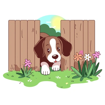 A brown and white playful dog with floppy ears is peeking through a gap in a wooden backyard fence. The dog's eyes are wide with curiosity as it leans forward, its front paws resting on the ground. Lush green grass surrounds the base of the fence, and a few colorful flowers are blooming nearby. The sun casts dappled shadows on the ground, creating a lively atmosphere in the backyard.