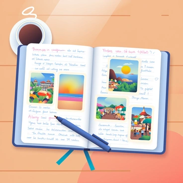 An open travel journal is placed on a wooden table. The pages are filled with a variety of sketches depicting landscapes, local architecture, and wildlife. There are several photos pasted alongside the sketches, showing vibrant scenes from the trip, including a sunset over the ocean and a bustling market. A blue pen lies on the journal, and a cup of steaming coffee sits beside it. Light reflects off the journal, highlighting the colorful drawings and personal notes written in neat handwriting. The overall scene conveys a sense of adventure and exploration.