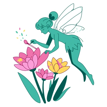 A teal fairy with delicate wings is hovering above a cluster of bright flowers. The fairy is gently holding a small brush and painting intricate, colorful patterns on the petals of the flowers. The flowers are a mix of pink and yellow, each adorned with unique designs created by the fairy. Small sparkles surround the fairy as she works, highlighting her magical presence in the scene. The background is a soft blur, emphasizing the enchanting interaction between the fairy and the flowers.