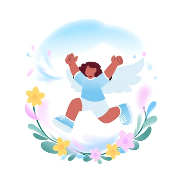 A small child with "playful angel wings" is running joyfully in a vibrant field filled with a variety of colorful flowers. The child is wearing a bright outfit, with their arms raised as if embracing the warmth of the sun. The flowers around them are swaying gently in the breeze, creating a harmonious blend of colors, including pinks, yellows, and blues. In the background, a clear blue sky stretches above, enhancing the cheerful atmosphere of the scene.