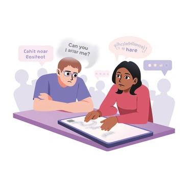A digital flat illustration depicting a communication scene featuring two individuals sitting at a table, both looking frustrated. The person on the left has light skin and short brown hair, wearing a blue shirt and glasses. The person on the right has medium skin and long black hair, wearing a red sweater. Between them is a smartphone displaying a message bubble containing the words "Can you hear me?" which is partially obscured by a swirling cloud of static in shades of gray and white. Surrounding the table are small sound waves in varying colors that represent external noise, such as static and chatter, creating a chaotic atmosphere. The background shows faint outlines of other people talking, further emphasizing the disruption in communication.