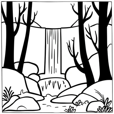 A majestic waterfall cascading down a series of rugged rocks, with water splashing and forming mist at the base. Surrounding the waterfall are tall trees with thick trunks and dense foliage, creating a sense of seclusion. Large boulders are scattered at the water's edge, and ferns and smaller plants grow in the rich, damp soil. The sound of rushing water fills the air, enhancing the peaceful atmosphere of the forest environment.