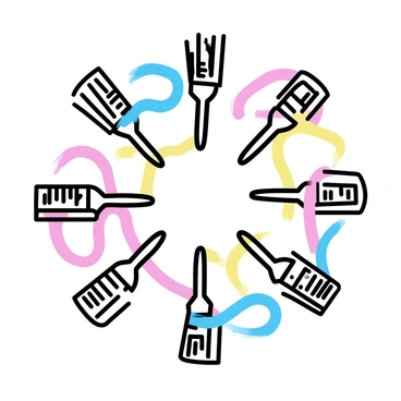 A collection of various hair brushes arranged in a circular pattern with their bristles facing outward. Each brush is different in size and shape, showcasing distinct designs and colors. Intertwined among the brushes are flowing strands of hair in a spectrum of colors, blending seamlessly into the composition. The background features a vibrant mix of colors, creating a lively contrast with the brushes and hair strands.