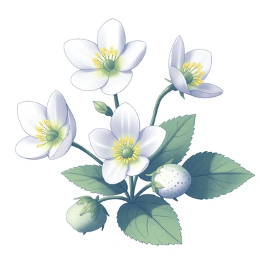 A close-up view of delicate strawberry blossoms. The flowers feature white petals with a yellow center, showcasing intricate details of their structure. Each blossom is surrounded by lush green leaves, which have a textured surface. Some blossoms are fully open, while others remain in the bud stage, adding to the variety. The composition highlights the natural beauty of the plants in a spring setting, emphasizing the freshness and vitality of the scene.