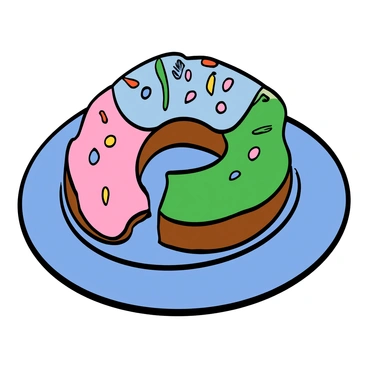 A pastel-colored donut with a smooth glaze is displayed on a simple plate. The donut has a variety of soft colors, including pale pink, light blue, and mint green. It is topped with a generous amount of colorful sprinkles in various shapes and sizes. A perfect circular bite is missing from one side of the donut, revealing a soft, fluffy interior. The plate is placed on a wooden table, adding a warm touch to the scene.