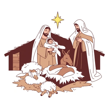 A duotone illustration depicts a classic nativity scene set in Bethlehem. Mary, dressed in a flowing white robe, is gently cradling baby Jesus swaddled in a soft white cloth. Joseph stands beside them in a brown robe, with a protective hand resting on Mary's shoulder. The scene is illuminated by a bright star shining overhead, casting soft shadows around the figures. In the background, there are rustic wooden structures representing a stable, with straw scattered around the base. A few gentle animals, including a donkey and a sheep, are visible near the holy family, adding warmth to the serene atmosphere.