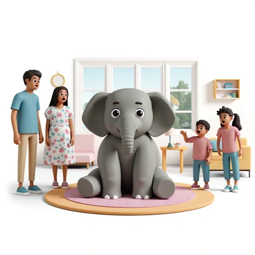 A friendly elephant, with textured gray skin and large ears, is sitting comfortably on a plush, colorful rug in a spacious living room. The elephant's eyes are wide and expressive, giving it a gentle appearance. Surrounding the elephant are surprised guests, including a man wearing a blue shirt and khaki pants, a woman in a floral dress, and a child with a red t-shirt and jeans. The guests are standing with their mouths slightly open and wide eyes, looking at the elephant in amazement. The living room is decorated with warm lighting, a bookshelf filled with books, and a coffee table with snacks on it. A large window lets in natural light, casting soft shadows around the scene.