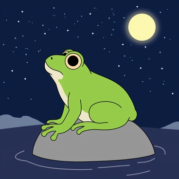 A vibrant green frog with large, bulging eyes is sitting on a smooth gray rock. The rock is surrounded by a dark, smooth surface that resembles water. Above the frog, a clear night sky is filled with countless twinkling stars scattered across the deep blue backdrop, accompanied by a bright, glowing full moon. The moonlight casts a soft glow on the frog, highlighting its slick skin and the textures of the rock. The frog's posture is relaxed, with its front legs resting over the edge of the rock, as it gazes upward with a curious expression.