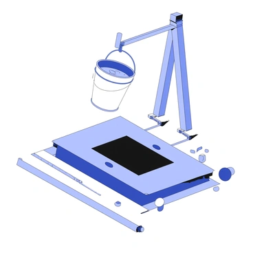 A classic trap door setup is positioned in the center of a wooden floor. The trap door is slightly ajar, revealing a dark void beneath. Above the trap door, there is a bucket filled with water, suspended from a sturdy beam. The bucket is designed with a metal handle, which is clearly visible. The water inside the bucket is nearly spilling over the rim, creating a sense of tension. Various mechanisms are visible around the trap door, suggesting a system that triggers the bucket to fall. The scene captures an atmosphere of expectation, with the trap door ready for action.