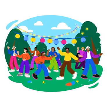 A vibrant outdoor dance party scene filled with people dancing happily. The dancers are of diverse backgrounds, wearing colorful outfits. They are mid-movement, captured in dynamic poses expressing joy and excitement. Surrounding them are bright, twinkling lights hanging from trees and colorful lanterns strung overhead. In the background, large speakers are visible, emitting sound waves represented by colorful lines. The ground is lively with a mix of grass and scattered colorful party decorations.