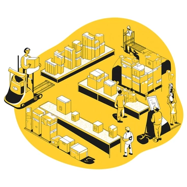 A large warehouse filled with stacks of boxes and packages. Several workers are actively sorting through the packages on multiple conveyor belts. One worker is placing a package onto a nearby shelf, while another is checking a clipboard for inventory. The conveyor belts are loaded with an array of boxes in different sizes. In the background, there are additional workers moving boxes with hand trucks and forklifts. The lighting is bright, illuminating the bustling environment of the warehouse.