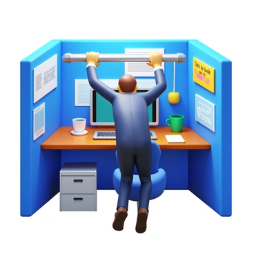 A professional wearing a fitted business suit is performing pull-ups on a sleek, metallic pull-up bar attached to an office cubicle. The individual is exerting effort, with their muscles visibly engaged, showcasing strength and determination. Surrounding them are typical office elements, including a desk with a computer, papers, and a coffee mug. The cubicle walls are adorned with motivational posters. The lighting is bright and fluorescent, illuminating the scene. "Take a break, stay fit" is displayed on one of the posters.