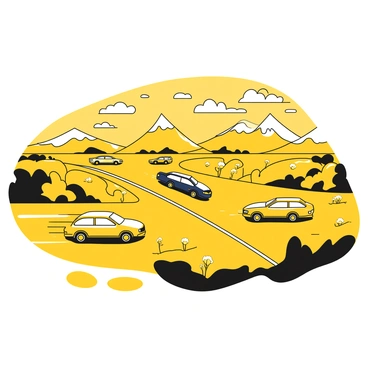 A series of cars moving swiftly on a highway, showcasing various models and colors. The road is straight and stretches into the distance. Surrounding the highway are expansive green fields, dotted with wildflowers. In the background, majestic mountains rise, their peaks slightly obscured by clouds. The sky is clear with some fluffy clouds scattered throughout, creating a sense of openness and speed.