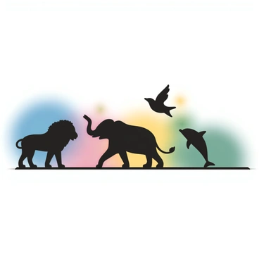 A series of solid black silhouettes of various animals, including a lion, an elephant, a dolphin, and a bird, arranged in a dynamic line. The lion is positioned at the left, standing majestically with its mane slightly raised. The elephant follows, with its trunk raised high. The dolphin is leaping in the center, and the bird is soaring above, wings outstretched. In the background, there is a vibrant gradient blending shades of blue, pink, yellow, and green, creating a lively atmosphere.