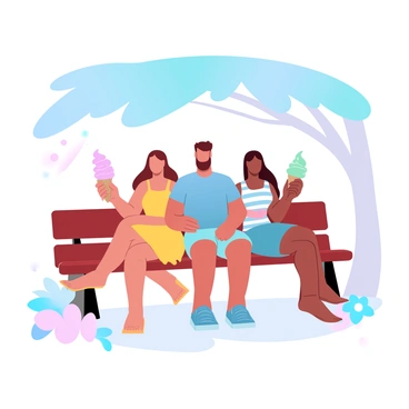 A group of three friends is sitting on a long wooden bench under the shade of a large tree. The first friend, wearing a bright yellow summer dress, is holding a pink ice cream cone that has a swirl of strawberry flavor. The second friend, dressed in a casual blue t-shirt and shorts, is enjoying a chocolate ice cream cone, with some melted ice cream dripping down. The third friend, in a striped tank top and sunglasses, is holding a green mint chocolate chip ice cream cone. The sun shines brightly in the background, casting soft pastel colors throughout the scene. A few colorful flowers are arranged near the base of the bench, adding to the cheerful atmosphere.
