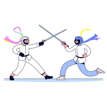 Two fencers in a duel are positioned in a dynamic stance. Each fencer wears a traditional white uniform with a protective mask. The fencer on the left has a black glove and is lunging forward with a foil, while the fencer on the right is parrying with their sword held at an angle. The swords are depicted with curved lines extending from their tips, creating colorful trails that swirl around them. The ground beneath them is a simple flat surface, emphasizing the movement and action of the duel.