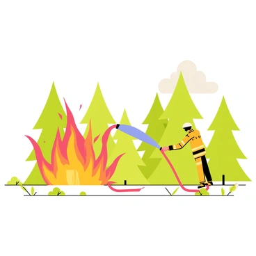 A firefighter in yellow protective gear is actively battling a forest fire. The firefighter is holding a red fire hose, spraying water onto the flames. The fire is depicted with bright orange and yellow colors, contrasting against the dark smoke rising into the sky. Surrounding the scene are tall green trees, some of which are partially scorched. The ground is covered in fallen leaves and small branches, with a sense of urgency in the firefighter's stance.