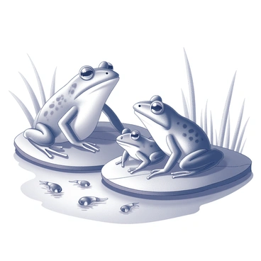 A family of frogs is positioned on a lily pad near the edge of a pond. The adult frogs are sitting comfortably, with one larger frog resting while two smaller frogs are playfully engaging with each other. Nearby, several tadpoles can be seen swimming in the clear water, their small bodies leaving ripples as they move. The scene captures the tranquility of a sunny day, with the surrounding vegetation adding to the natural habitat. The surface of the pond reflects the light, enhancing the overall atmosphere of the setting.
