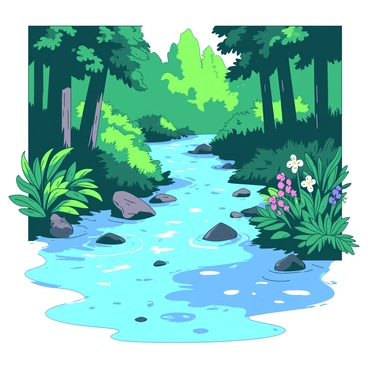 A bubbling stream flows through a dense forest, surrounded by tall trees with green leaves. The water is clear and appears to swirl with different shades, creating a dynamic pattern across the surface. Small rocks are scattered along the banks, partially submerged in the water. Sunlight filters through the tree canopy, casting dappled shadows on the ground. Lush green ferns and colorful wildflowers grow along the edges of the stream, adding vibrant details to the scene.