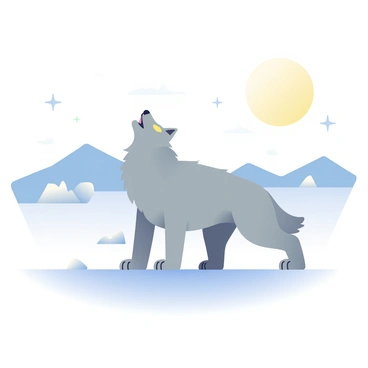 A lone gray wolf is standing on a snowy tundra, its head lifted towards the sky as it howls. The wolf has bright yellow eyes and a thick fur coat, which is ruffled by a gentle breeze. The ground is covered in a thick layer of pristine white snow, glistening under the moonlight. In the background, the silhouette of distant mountains can be seen, creating a rugged horizon. Above, a large full moon is shining brightly, casting a soft glow over the scene and illuminating the snowy landscape. Stars are twinkling in the clear night sky.