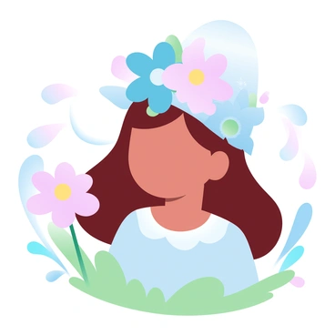 A little girl is wearing a "colorful Easter bonnet" adorned with "vibrant flowers" in various shades. She has "long hair" cascading down her shoulders. The bonnet features "several large blooms" and "delicate petals" that add a festive touch. She is standing in a sunlit garden surrounded by "green grass" and "spring blossoms" in the background. The scene captures a joyful atmosphere filled with the essence of Easter.