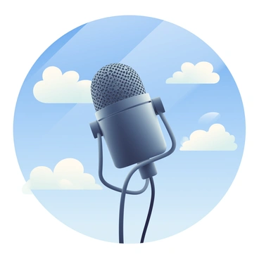 A microphone floating among fluffy clouds in a bright blue sky
