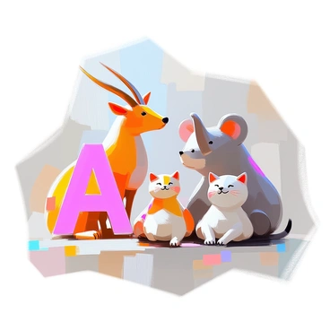 A collection of animals, each uniquely shaped like the letter that corresponds to their name. An "A" shaped animal resembling an antelope, standing gracefully with its horns arching upward. A "B" shaped creature resembling a bear, with its round body and distinct features emphasizing the curves of the letter. A "C" shaped cat, curled up comfortably, its tail accentuating the curve. An "D" shaped dog, lying on its side with its body smoothly defining the letter. An "E" shaped elephant, its trunk extending outward while its large ears create the horizontal lines. The animals are arranged closely together, showcasing their distinct shapes and characteristics against a simple backdrop.