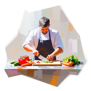 A cutting board is placed on a kitchen countertop, showcasing a variety of fresh vegetables including red bell peppers, green cucumbers, and bright yellow carrots. A skilled chef with short hair and wearing a black apron is demonstrating a series of knife techniques. The chef is holding a sharp chef's knife with one hand, while the other hand is skillfully controlling the vegetables. The cutting board is divided into sections, depicting different techniques such as julienne, dicing, and slicing. The scene captures the motion of the knife as it interacts with the ingredients, with pieces of vegetables already cut and neatly arranged on one side.