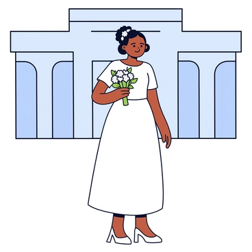 A bride standing outside a modern city hall. She is wearing a simple, elegant wedding dress with a fitted silhouette and clean lines. The dress has short sleeves and a subtle boat neckline. Her hair is styled in a sleek bun, adorned with a delicate floral hairpiece. She holds a small bouquet of white flowers and greenery. The city hall building has a smooth, contemporary facade, with large glass windows and a few minimalist architectural details in the background.