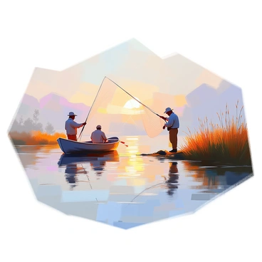 Fishers are casting their nets into a placid lake, their silhouettes outlined against the soft light of dawn. The surface of the water is smooth, reflecting the gentle hues of the early morning sky, which transitions from deep blue to soft pinks and golden yellows. One fisherman is in a small wooden boat, while another stands on the shore, both focused on their tasks. The surrounding landscape features tall grasses and a few scattered trees, adding to the serene atmosphere as the day begins.