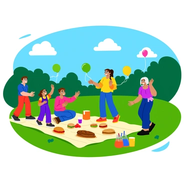 A sunny picnic scene featuring several families dancing joyfully on a lush, green grassy field. Children are playing with colorful balloons, while adults are laughing and clapping along to music. A bright blue sky is dotted with a few fluffy white clouds. Nearby, a large picnic blanket is spread out, covered with a variety of delicious foods, including sandwiches, fruits, and drinks. In the background, trees sway gently in the breeze, adding to the cheerful atmosphere.