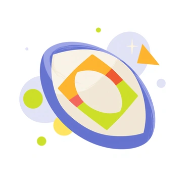 A rugby ball positioned at the center of the image, covered in vibrant geometric patterns in shades of blue, orange, and green. The ball has a glossy finish, reflecting light in various angles. Surrounding the rugby ball are overlapping circles and triangles in contrasting colors that create a sense of movement and energy. The background consists of a soft gradient that complements the colors of the rugby ball, enhancing its visibility and prominence in the composition.