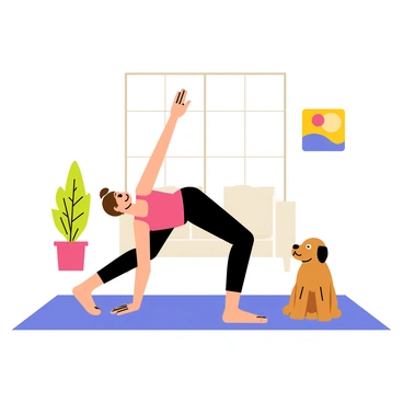 A woman performing the bird-dog exercise on a blue yoga mat in her living room. She has long brown hair tied in a ponytail and is wearing a pink tank top and black leggings. The room is bright, with large windows letting in sunlight. A fluffy brown dog is sitting on the floor nearby, watching her with an attentive expression. A potted plant is in the corner of the room, and a colorful abstract painting is hanging on the wall.