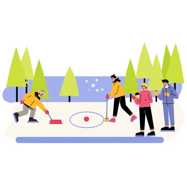 A group of four friends is playing curling on a frozen lake. The lake reflects the clear blue sky overhead, while tall, green trees surround the area, adding depth to the scene. Each friend is wearing colorful winter jackets and warm hats. One friend is sliding a red curling stone towards a target, while another is sweeping the ice in front of it with a broom. The remaining two friends are standing near the target area, cheering and watching intently. A few snowflakes gently fall from the sky, enhancing the winter atmosphere.