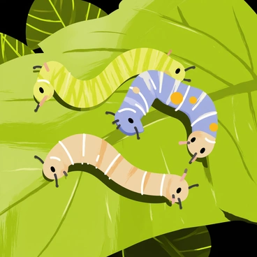 A group of caterpillars with various patterns is playing together on a large green leaf. Each caterpillar has a distinct color scheme; one is bright green with yellow stripes, another is blue with orange spots, and a third is a soft brown with white dots. The leaf is a vibrant shade of green with visible veins, and it is slightly curled at the edges. The caterpillars are positioned in playful poses, some are climbing over each other, while others are exploring different parts of the leaf. Sunlight filters through the surrounding foliage, casting soft shadows on the leaf and the caterpillars.