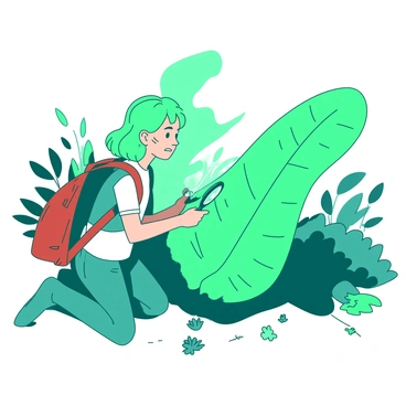 A teal minor explorer is kneeling on the ground, looking closely at a giant green leaf with a magnifying glass in their right hand. The leaf is much larger than the explorer, stretching wide and curving slightly. The explorer is wearing a small red backpack and has a curious expression on their face. Sunlight filters through the surrounding greenery, casting soft shadows around the scene. The background features various plants and small flowers, enhancing the sense of exploration.